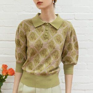 Simple Retro Green Collared Sweater Wool Blend Floral ASO The Recruit Hannah